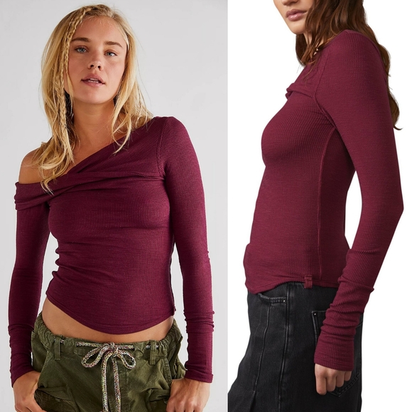 We The Free Tops - Free People We The Free Addie Layering Lomg Sleeve Ribbed Shirt Top XL in Wine